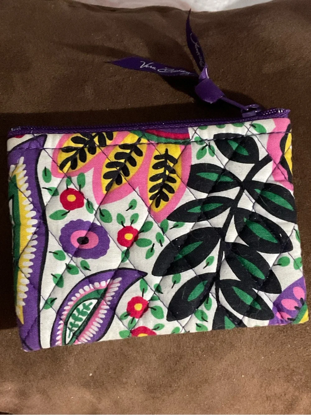 Vera Bradley Purple Floral Quilted Zip Coin Pouch with Multicolor Print